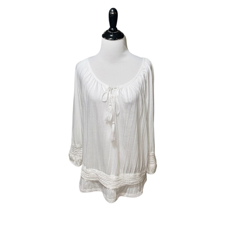 Carolyn Taylor Women's Size XL Tunic Top Bohemian Eyelet Sleeves Tasseled